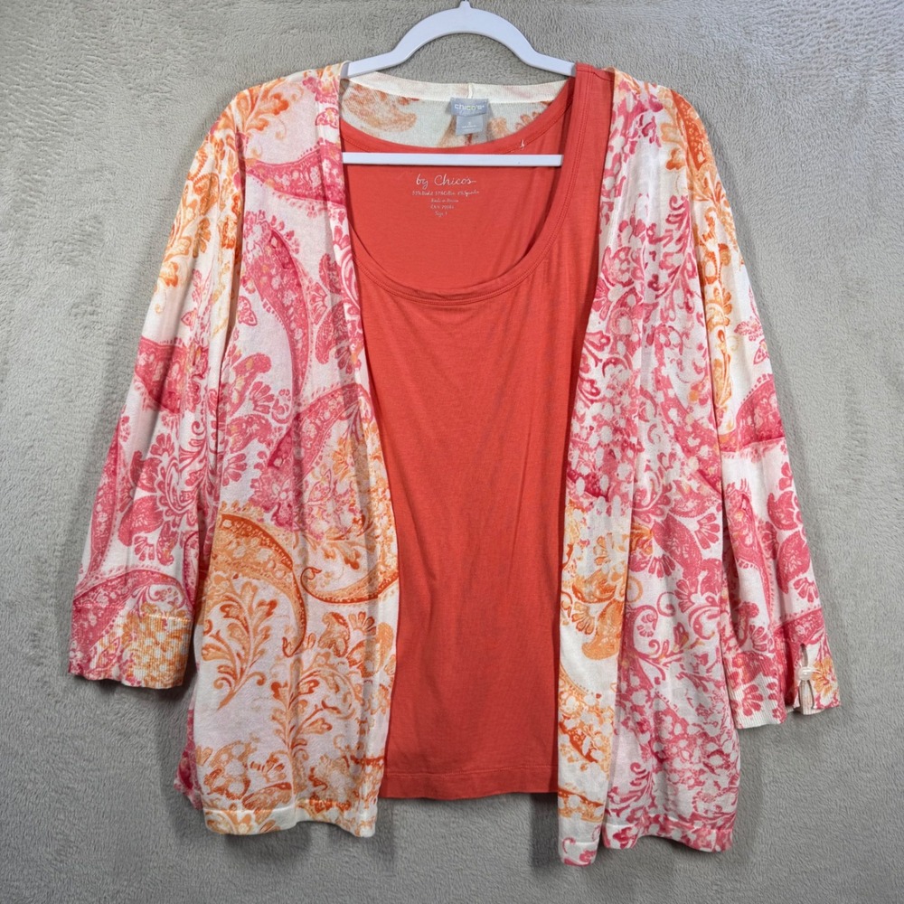 Chico's 2 Piece Cardigan Tank Set Women XL Orange Pink Paisley 3/4 Sleeve Knit